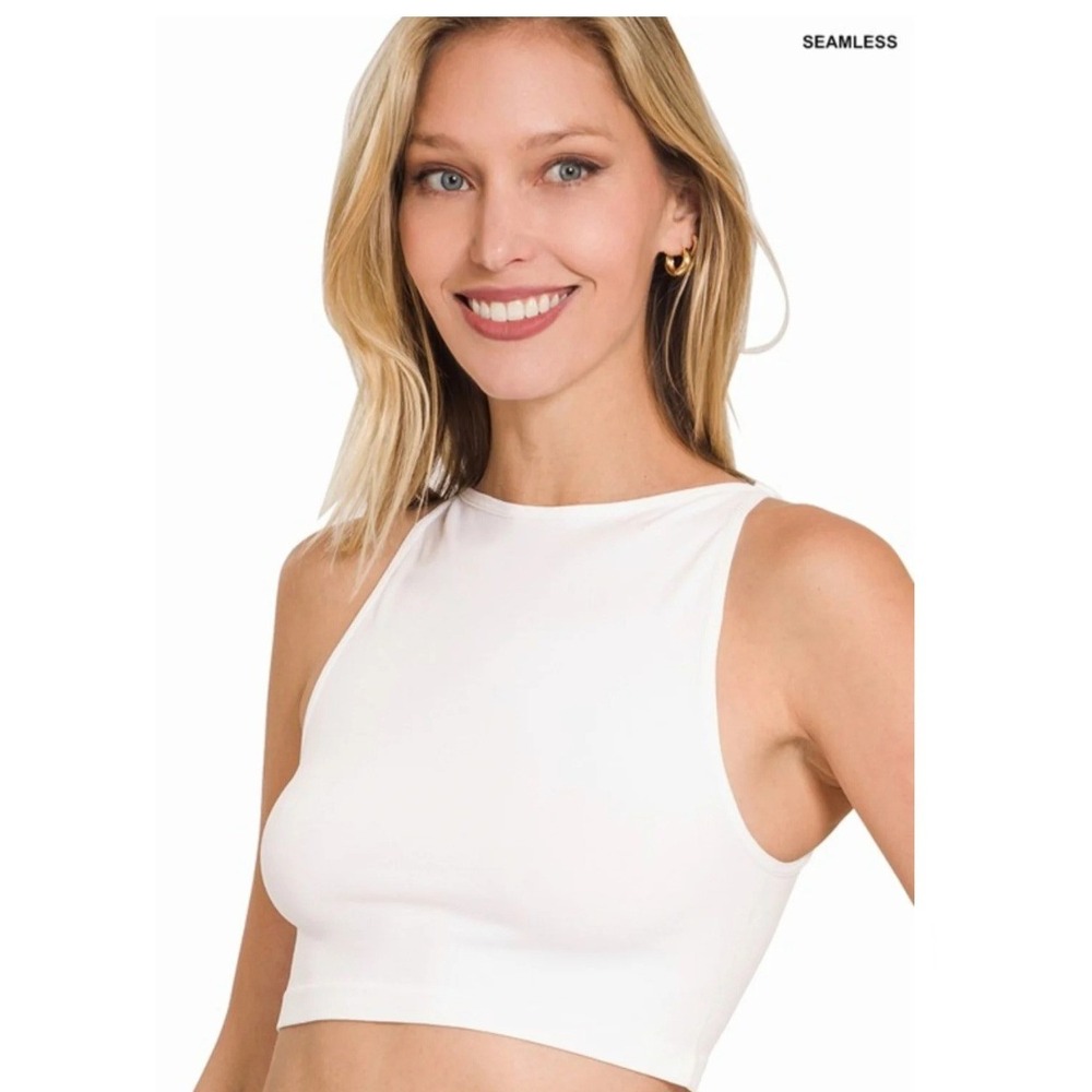 Zenana White Seamless Layering‎ Tank Top High Neck Crop Top L/XL New